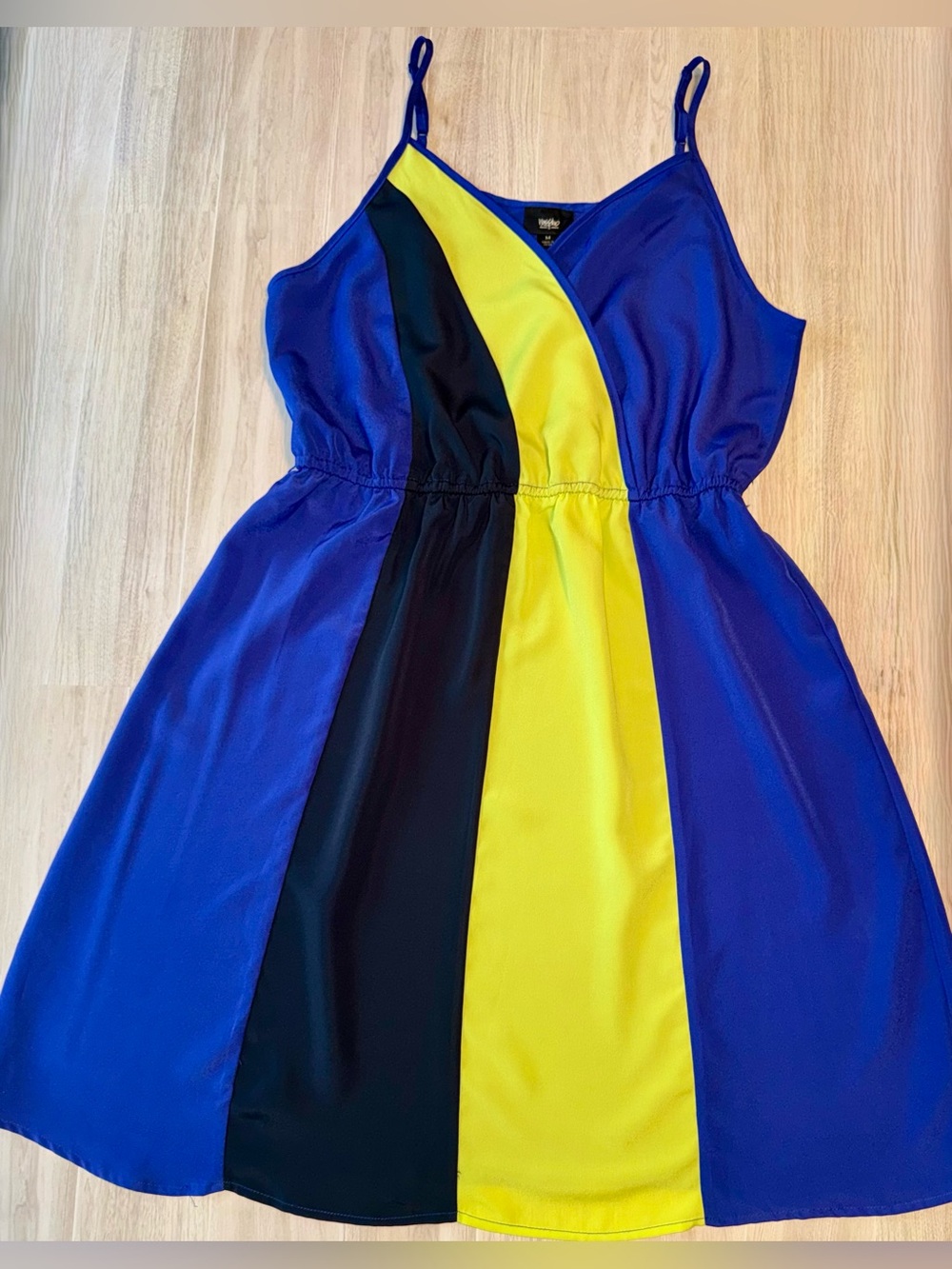Cobalt Blue, Lime Yellow & Black Colorblock Adjustable Strap Dress - size Medium